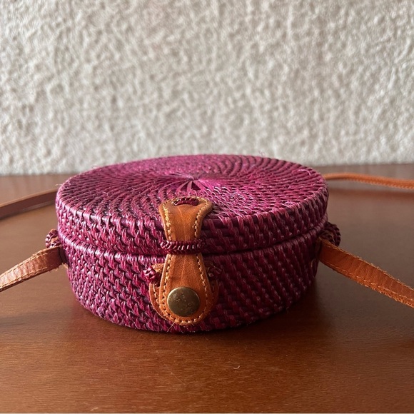 Handwoven Round Rattan Bali Crossbody Bag Boho Sustainable Button Closure Batik - Picture 2 of 10
